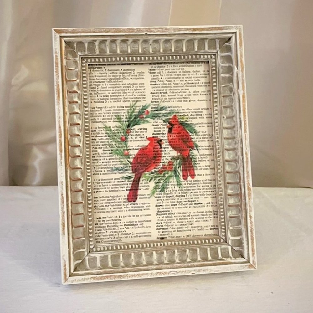 Framed Cardinal birds with wreath on a vintage dictionary page